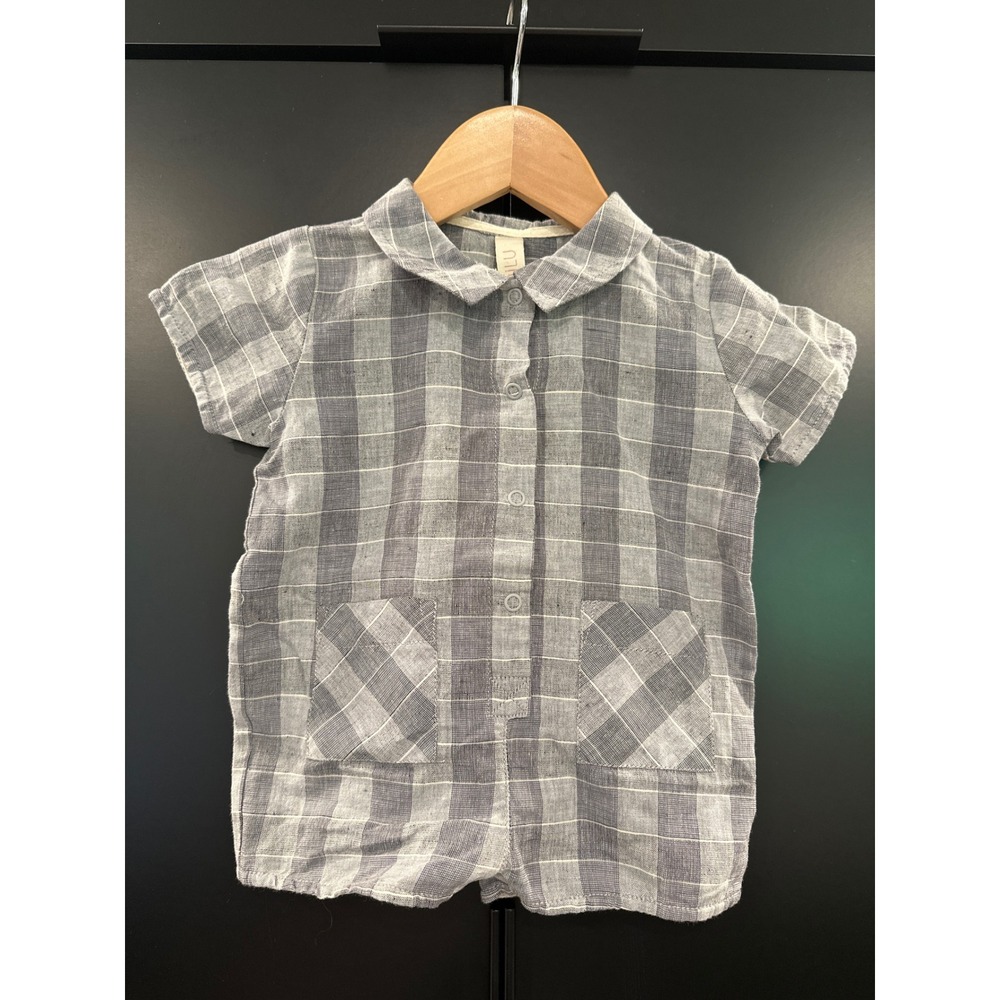Liilu Malik Romper Check Blue Cotton Linen Plaid Peter Pan Collar 6M NWT